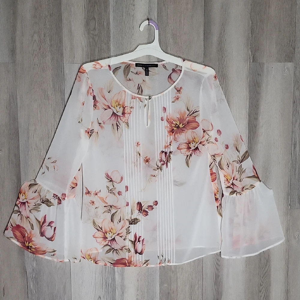 White House Black Market Women 8 Sheer Overlay Blouse Bell Sleeve Floral Keyhole - Picture 1 of 8